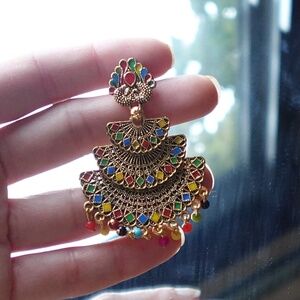 Multi Coloured Detailed Gold Toned Jhumka Statement Earring